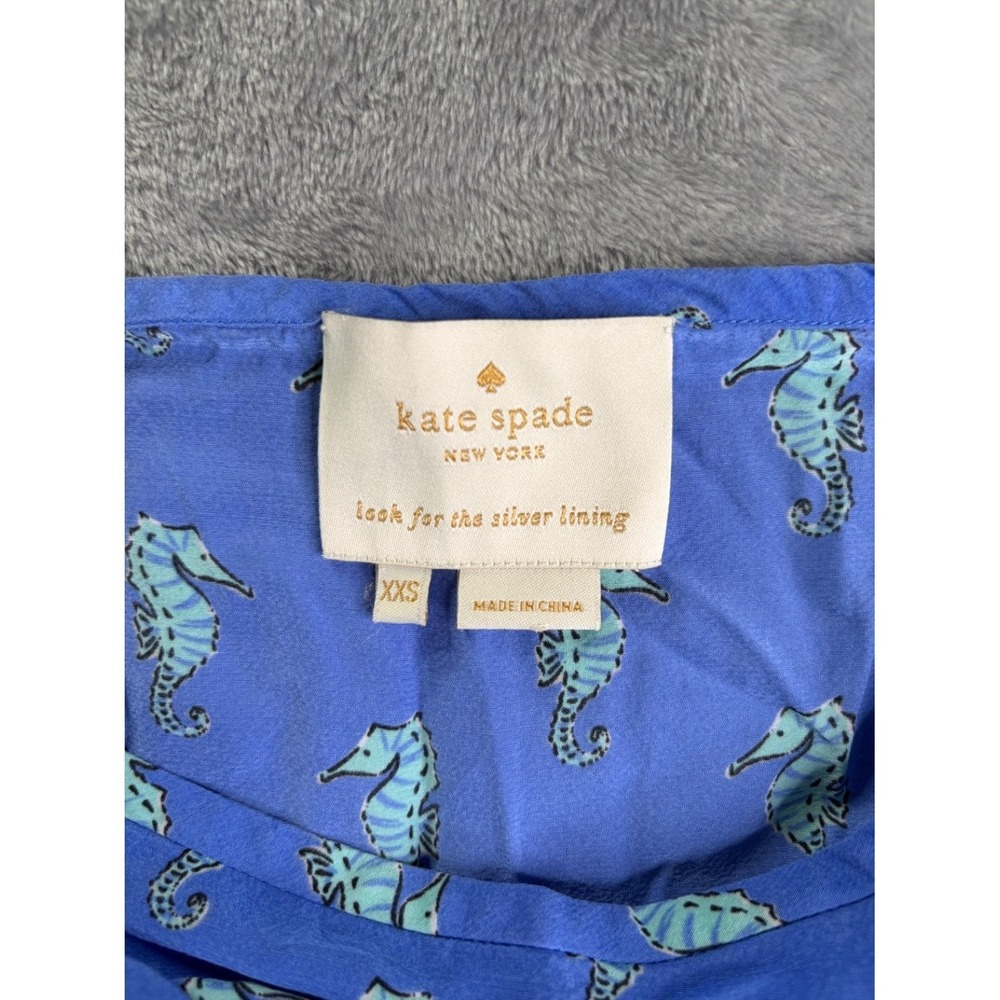 Kate Spade Seahorse Print Silk Dress Womens XXS Blue Smocked Waist Fit & Flare - Picture 4 of 8